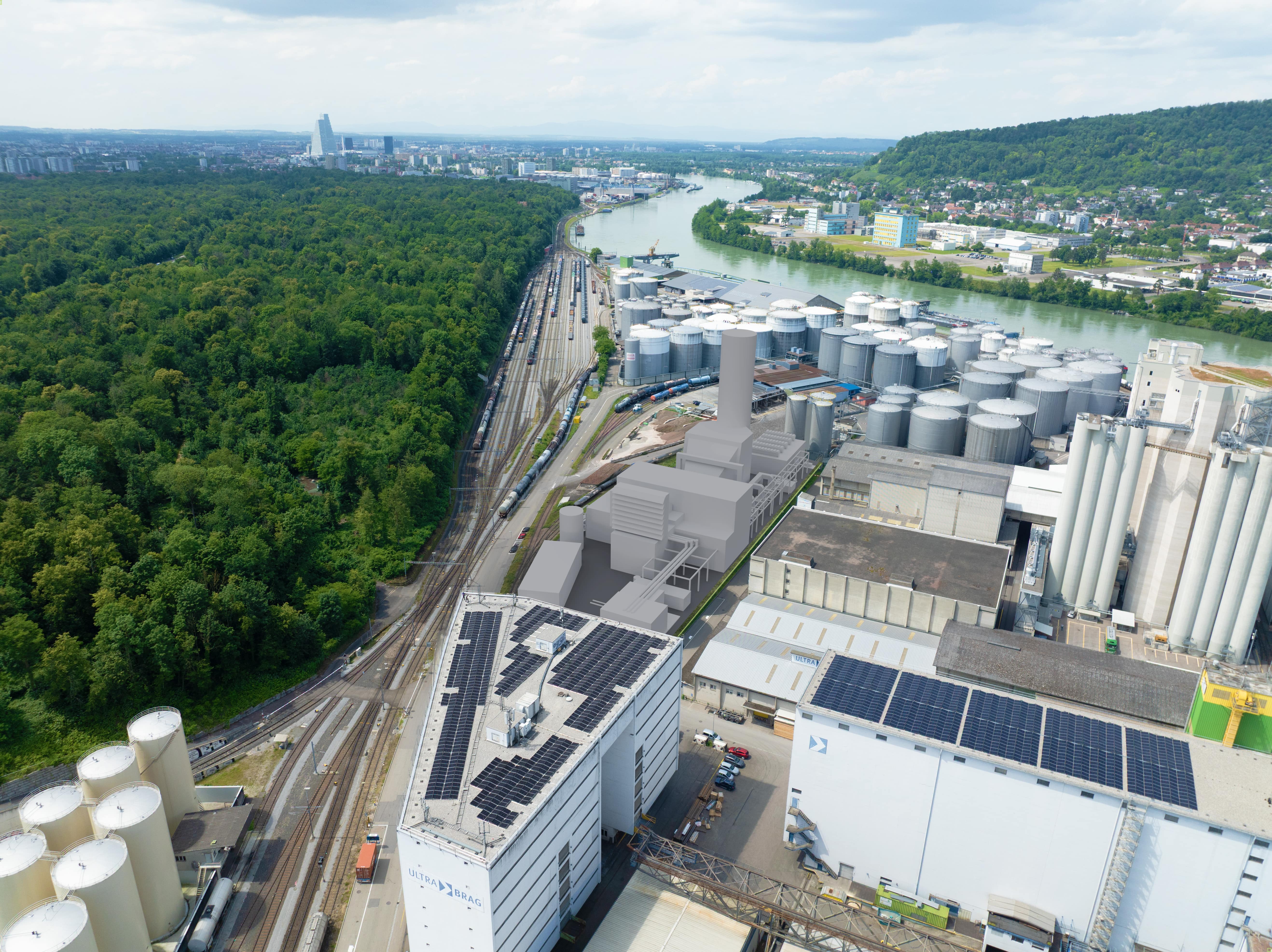 Visualisierung des geplanten Reservekraftwerks - Richtung Basel.
