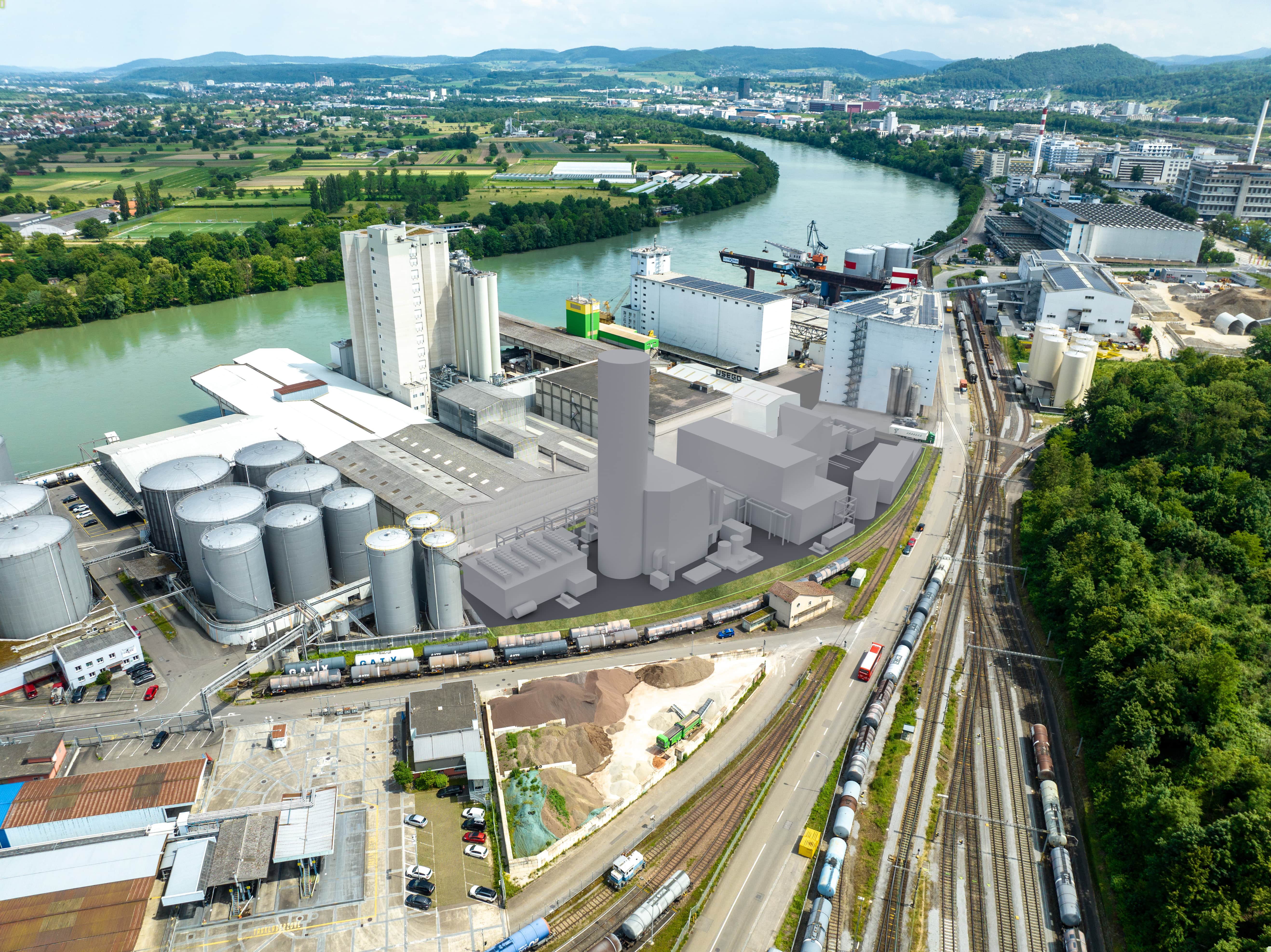 Visualisation of the planned reserve power plant - towards Muttenz.