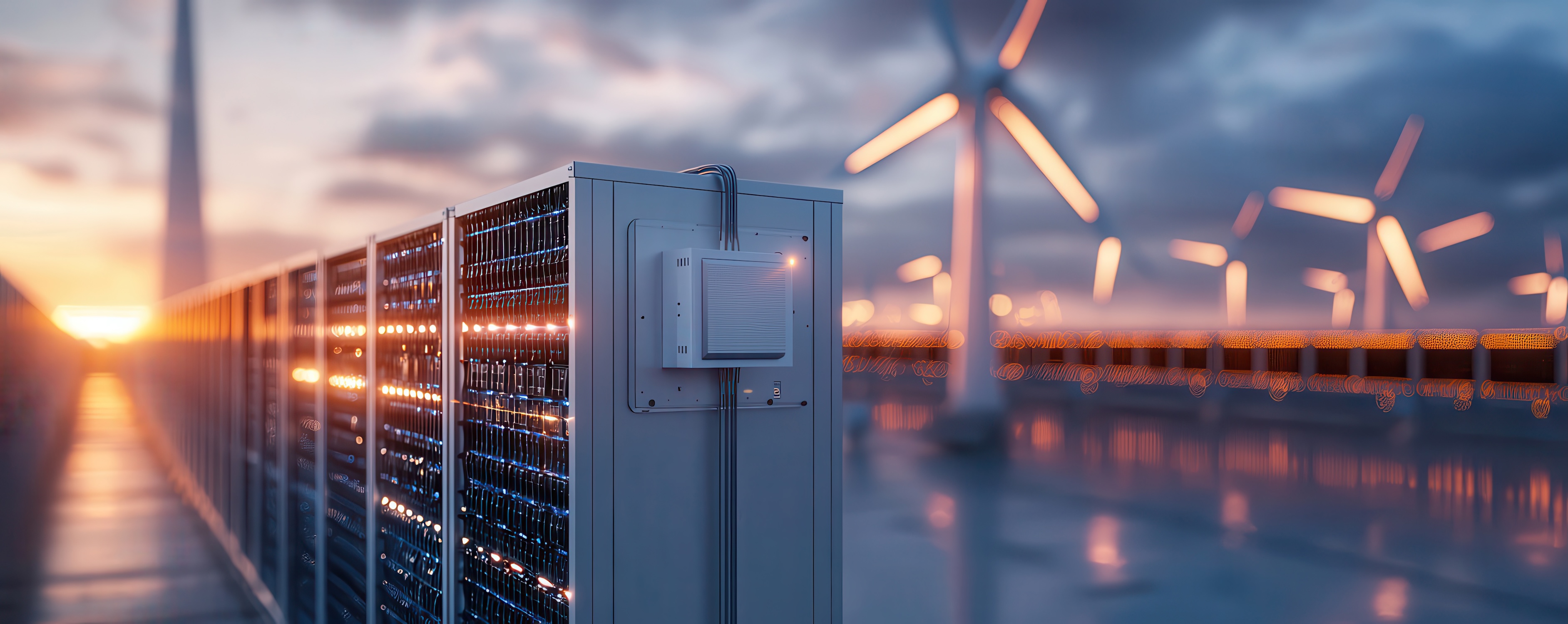 A futuristic landscape featuring wind turbines and a battery storage system, highlighting renewable energy technology during sunset.