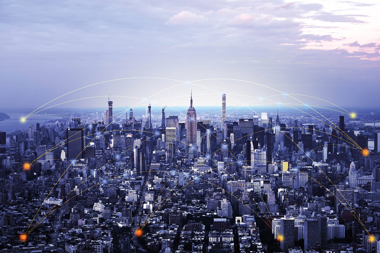 blue tone network and connection technology concept with city background. at New York